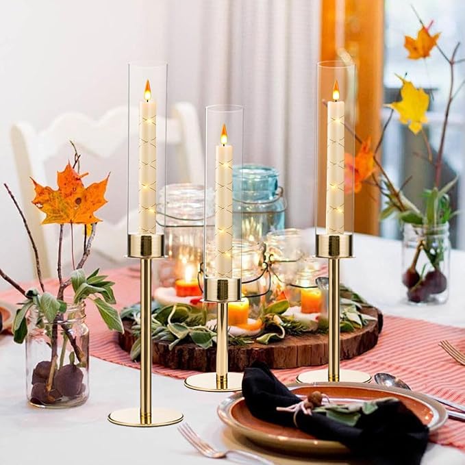 VINCIGANT 6PCS Gold Candle Stick Holders Centerpieces for Tables, Metal Candlesticks Holder with Acrylic lampshade for Parties, Valentine's Day, Birthday,Wedding Decorations