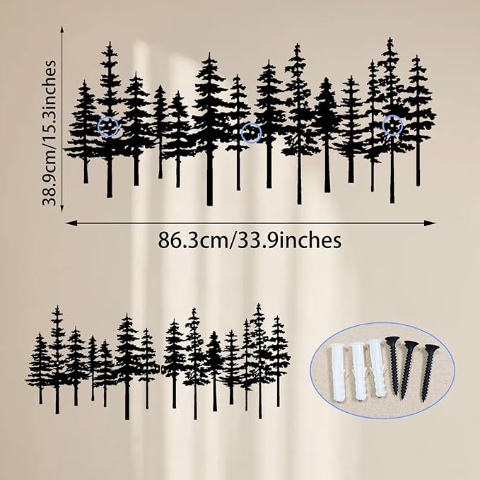 Jidecor Metal Pine Tree Wall Art Decor Nature Home Decor Cedar Trees Metal Sign Wall Decorations for Living Room, Forest Decor, Nature Lover Gift (Rustic, black, 33.9" L x 15.3" W)