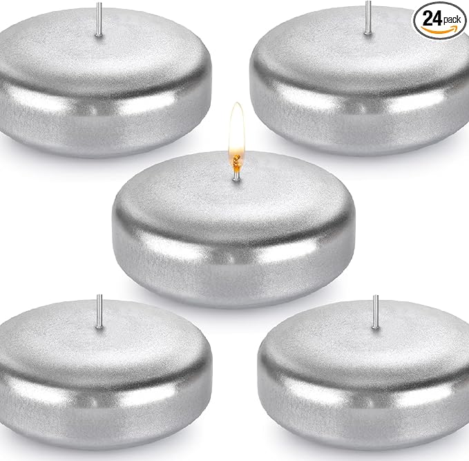 Floating Candles 3 Inch Unscented Dripless Wax 13-15Hours Burning,24 Pack Wedding Party Candles,for Centerpieces Suitable for Cylindrical Vases,Swimming Pool,Restaurant Decor (Silver)