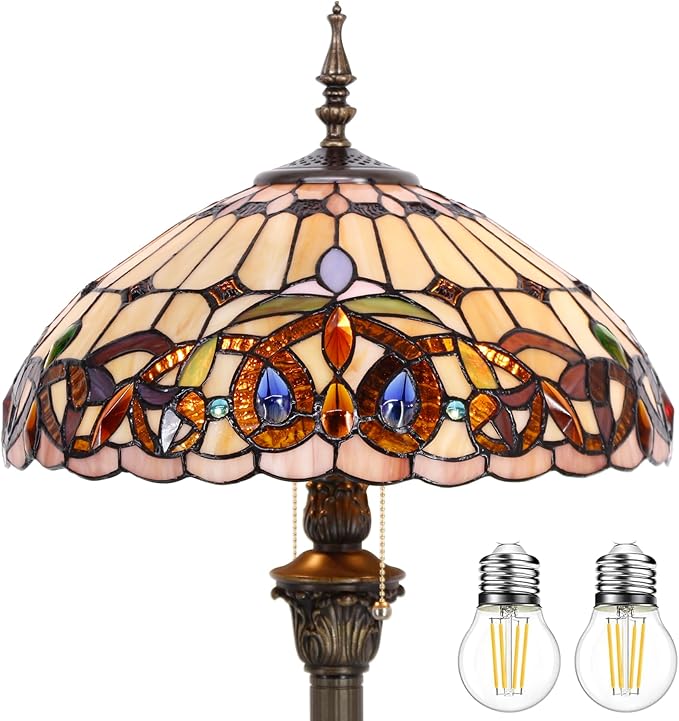 WERFACTORY Tiffany Floor Lamp Serenity Victorian Stained Glass Standing Reading Light 16X16X64 Inches Antique Pole Corner Lamp Decor Bedroom Living Room Home Office S021 Series