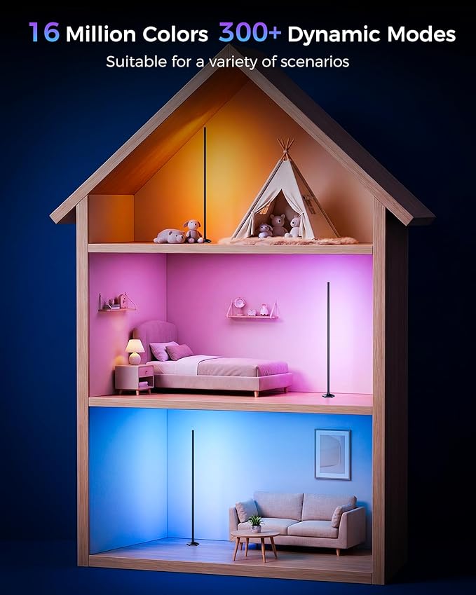 Corner LED RGB Floor Lamp, Smart Dimmable Corner Light with Music Sync, Color Changing Ambient Lighting with App and Remote Control, for Bedroom, Living Room Gaming Room
