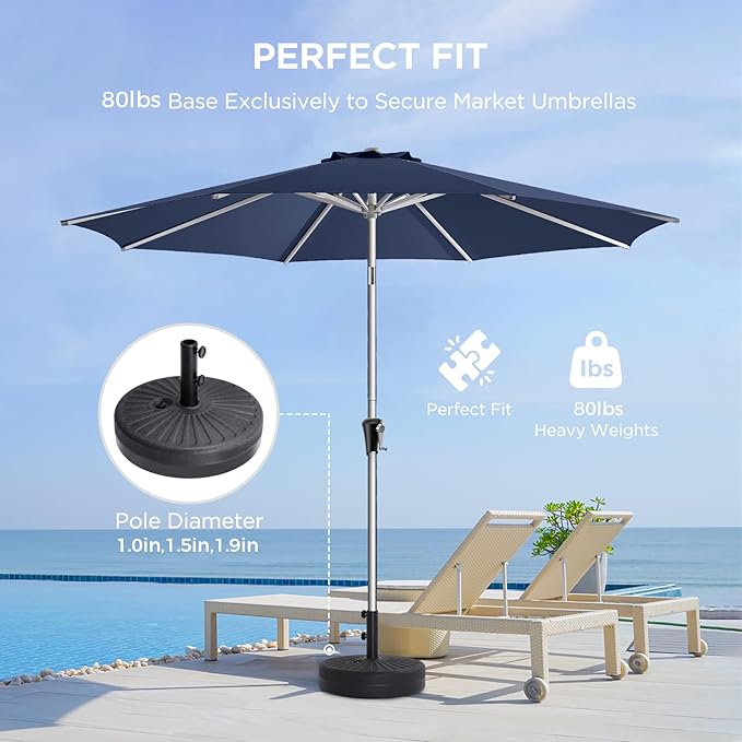 HOMSHADE 80lbs Patio Umbrella Stand, H12 Heavy Duty Base for Outdoor Market Umbrella, Fillable Weights with High-Density HDPE Material for Outside Patio(Black,Round)