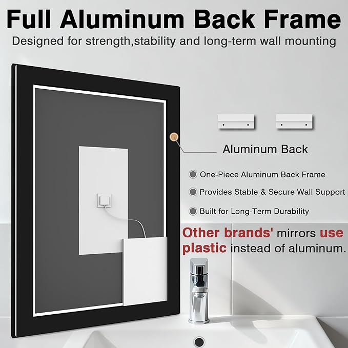 36x36 Square LED Bathroom Mirror - Black Aluminum Framed (Front and Backlit), Anti-Fog Vanity Mirror with Lights, Stepless Dimmable Lighted Mirror,3 Colors Smart Mirror(Horizontal/Vertical)