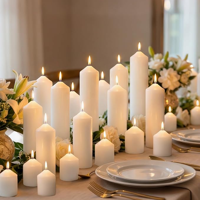 Pillar Candles Bulk Set - Unscented, Smokeless, Dripless | 3 Sizes: 2x3, 2x6, 2x8 Inches | Ideal for Weddings, Christmas & Home Decor (72, White)