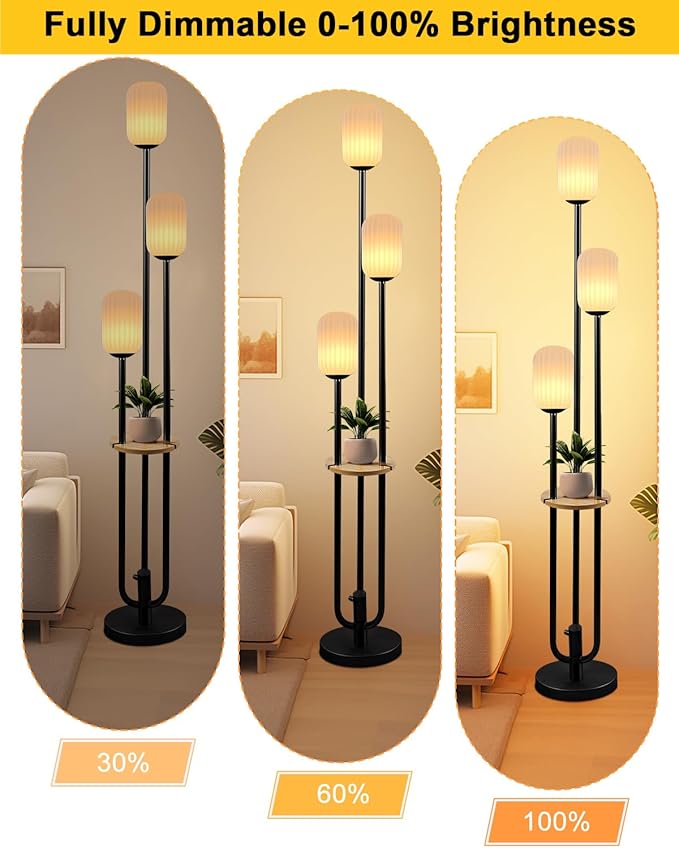 Floor Lamp for Living Room, Dimmable Vintage Floor Lamp with Shelf & LED Bulbs, 3 Light 3000K Soft Warmwhite Mid Century Standing Lamp, Tall Lamps for Bedroom Office