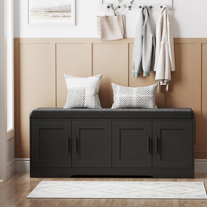 2-Tier Storage Bench, Shoe Bench with Thickened Padded Seat Cushion, Entryway Bench with 4 Doors, Adjustable Shelf, 13.8" D x 45.3" W x 18.5" H, for Entryway, Living Room, Bedroom, Black