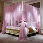 VETHIN 4 Corners Post Princess Bed Canopy Curtain Double Layer Cozy Drape Netting 4 Opening Mosquito Net for Girls & Adults Bedroom Decoration Accessories (Double Pink, 53" W*78" L*82"*H/(Full))