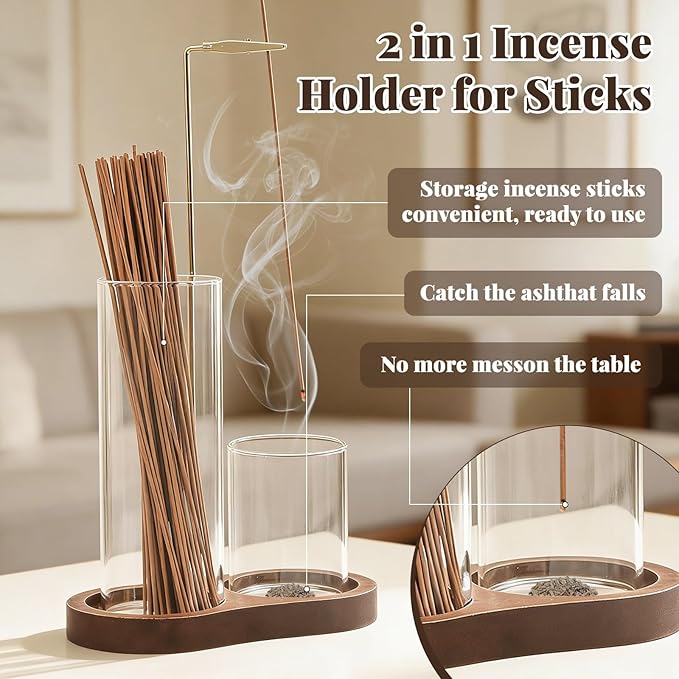 2-in-1 Glass Incense Burner with Ash Collector and Incense Stick Storage Upside Down Hanging Incense Holder, Anti-Splashing Design, Perfect for Meditation, Yoga, Spa, and Home Decoration