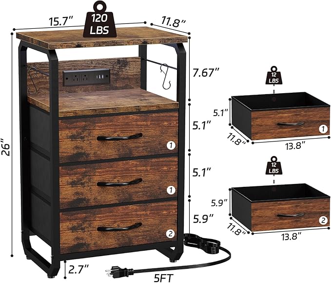 Bed Side Table with 3 Fabric Drawers, Night Stand with Charging Station, LED Nightstand with Hooks, Bedside Table End Table with Storage, Night Table for Living Room, Bedroom (Rustic Brown)