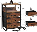 Bed Side Table with 3 Fabric Drawers, Night Stand with Charging Station, LED Nightstand with Hooks, Bedside Table End Table with Storage, Night Table for Living Room, Bedroom (Rustic Brown)