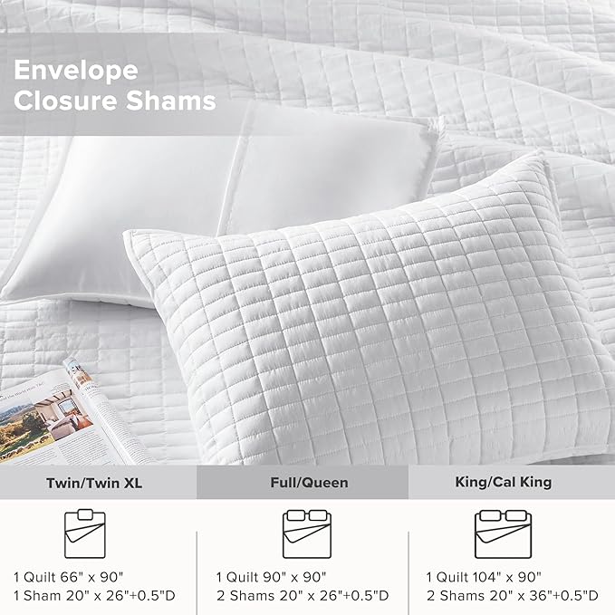 Comfort Spaces Kienna Quilt Set- Double Sided Stitching Design Summer Blanket, Lightweight, Soft, All Season Bedding Layer, Matching Sham, White, Coverlet Full/Queen(90"x90") 3 Piece
