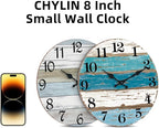 CHYLIN Wall Clock, Beach Themed Blue Wall Clocks Battery Operated Silent Non-Ticking, 8 Inch Vintage Rustic Coastal Nautical Clock Decorative for Kitchen Office Bathroom Bedroom 8