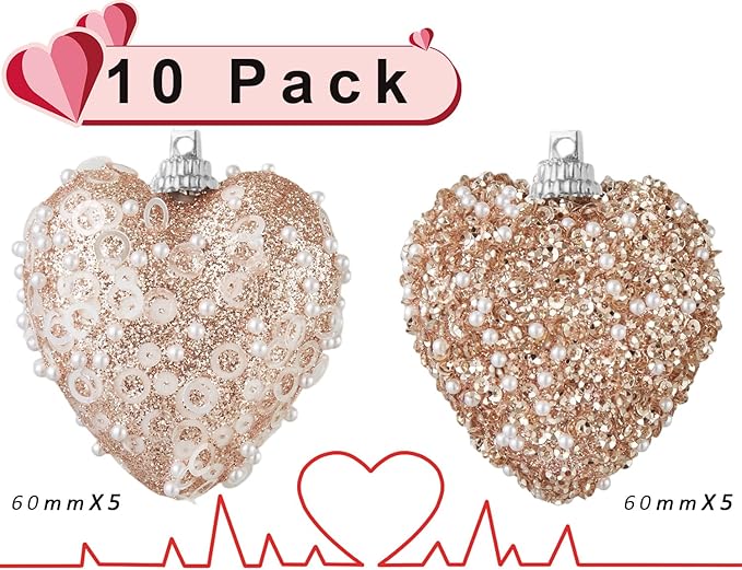 Rose Gold Christmas Ball Ornaments 10Pcs Glitter Sequin Heart Shaped Baubles Decoration Valentines Pearl Foam Hanging Decor(2.36in)