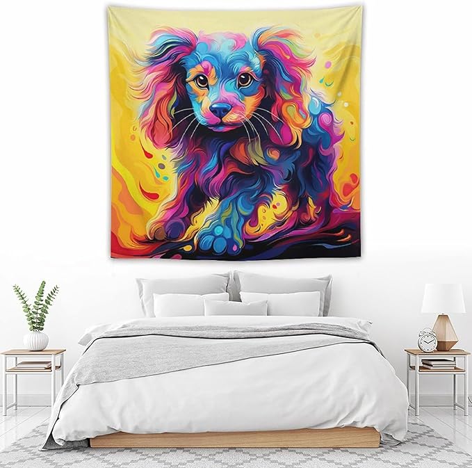 VUMIVI Colorful Cute Dog Tapestry Rainbow-Hued Oil Painting Pet-Themed Abstract Art Print Tapestry Wall Hanging for Living Room Bedroom Dorm Classroom Aesthetic Decor W60xL60in