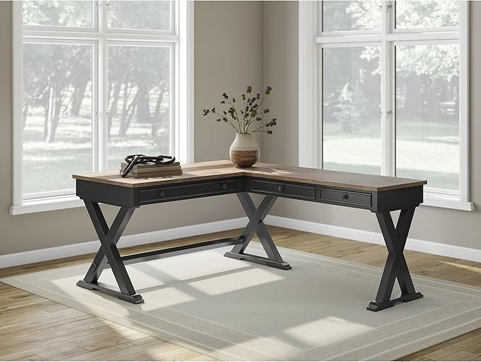 Signature Design by Ashley Wildenauer Casual 3-Drawer Home Office Desk and Return with Drop-Down Keyboard Tray and Cord Management, L-Shaped Desk, Wood, Mango Wood Veneer, Light Brown & Black