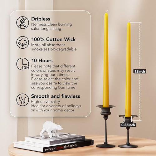 12-Inch Tall Dripless Taper Candles Set of 4 - Lemon Yellow Tapered Candles, Perfect for Spring - Smokeless, Unscented, Long Burning - Hand Poured, Colored Tall Candlesticks - Lenmon