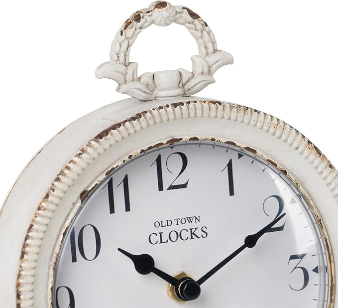 NIKKY HOME Table Clock, Vintage Desk Clock, Antique White Finish Table Clocks, Non-Ticking Battery Operated Decorative Shelf Clock for Living Room Bedroom Gift Clocks