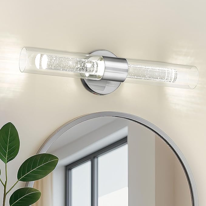 kudos Brushed Nickel Bathroom Sconces Wall Lighting, LED Bathroom Vanity Light Fixtures with Crystal Bubble and Clear Glass, 3000K/4500K/6000K Adjustable, KDVL05-BN-2