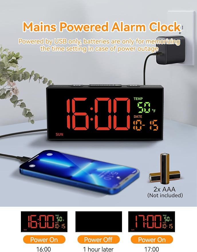 Netzu Alarm Clocks for Bedrooms, Digital Alarm Clock with Date Temperature and Weekday, Manual DST, Snooze, 2 Alarms, 4 Volumes for Living Room Home Bedside Desk