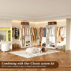 Flrrtenv Closet System, 6.8-9.8Ft Closet Organizer with 2 Wooden Drawers and Pull-out Pants Organizer Rod, Walk-in Wood Closet Organizer Wardrobe Clothes Rack with 3 Hanging Rods, White&Oak