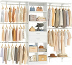 8FT Closet System - 96" Closet Organizer System with Wooden Drawers,Closet Systems for Walk-In Closets with Cuttable Hanging Shelving, White