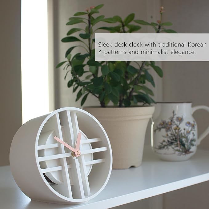 AonT Design Modern Desk Clock (Korean Lattice Pattern) Silent Analog Minimalist – Made in Korea Decorative Shelf Clock for Table and Living Room Decor (White)