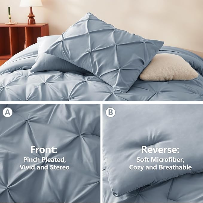 CozyLux Queen Comforter Set Grayish Blue, 7 Pieces Pintuck Bed in A Bag, Premium Blue Comforter Queen Size, Pinch Pleat Bedding Sets with Comforter, Sheets, Pillowcases & Shams