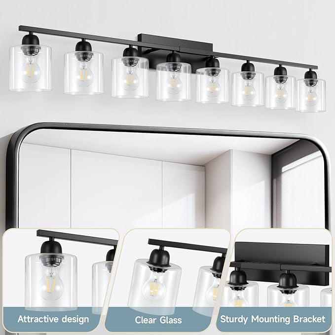 Modern 8 Light Bathroom Light Fixtures, 52 inch Vanity Lights for Bathroom with Clear Glass, Black Bathroom Light Fixture for Mirror Kitchen Living Room Hallway Cabinet Porch