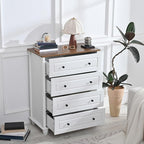 4-Drawer White Storage Cabinet, Wide Dresser with Brushed Metal Handles, Modern Organizer for Living Room, Hallway, Office, Entryway
