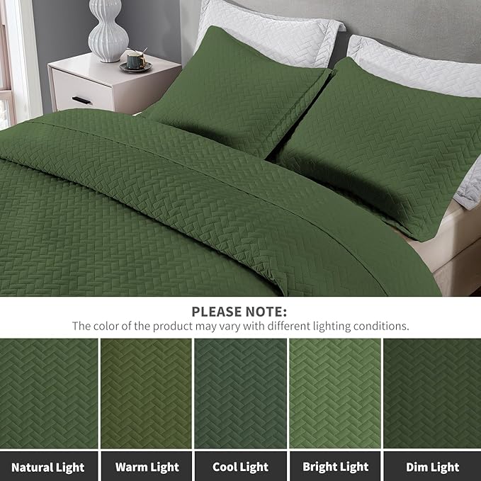 Maple&Stone Quilt Set King Size, Lightweight Olive Green Bedspread Ultrasonic Chevron Pattern Light Coverlet for All Season Comforter Bedding Decor - 3 Piece King Bed Cover Sets