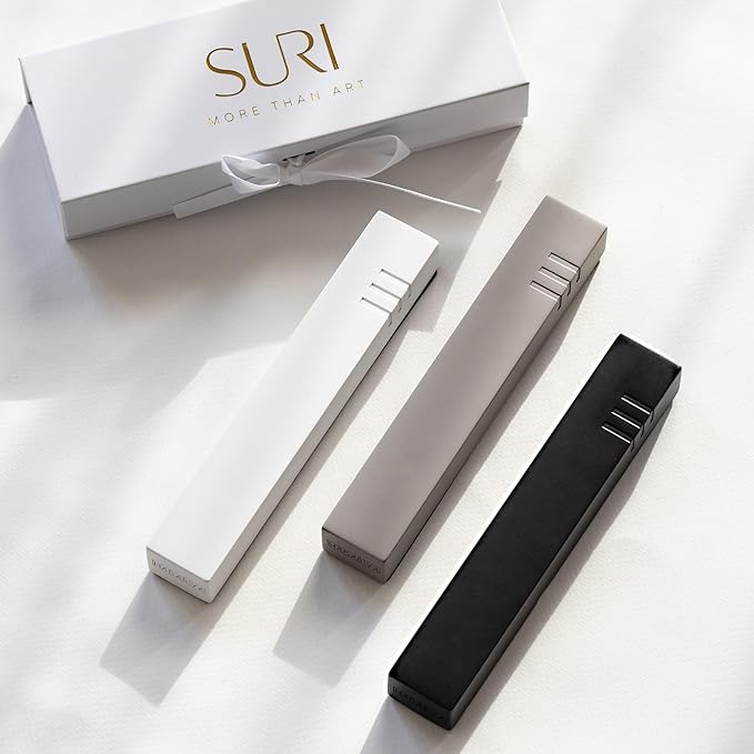 SURI Mezuzah for Door – 4 Inch Gray Concrete Judaica Mezzuzah Case with Non-Kosher Scroll, Self-Stick Adhesive, Gift Box Included, Fits a 3 Inch Scroll
