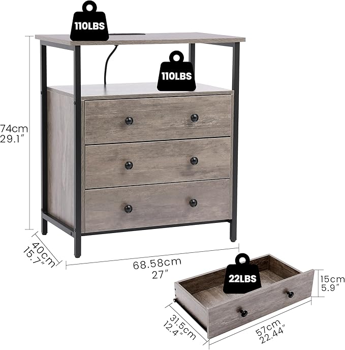 3 Wooden Drawers Night Stand, 27 Inch Wide Nightstand with Charging Station and Adjustable Drawers, Small Dresser for Closet, Bedside Table for Living Room/Bedroom/Office, Gray.