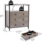 3 Wooden Drawers Night Stand, 27 Inch Wide Nightstand with Charging Station and Adjustable Drawers, Small Dresser for Closet, Bedside Table for Living Room/Bedroom/Office, Gray.