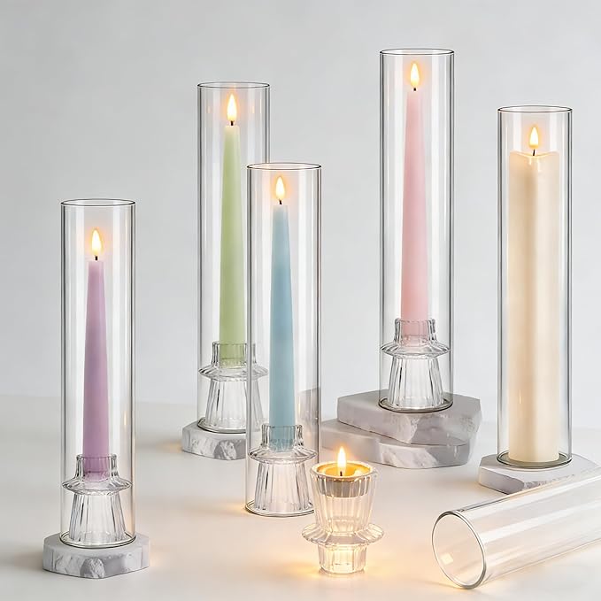 6 Set Glass Hurricane Candle Holders - 12" Tall Clear Glass Candlestick Holders for Taper Candles with Cylinder Chimney for Wedding, Party, and Home Table Centerpiece Decoration