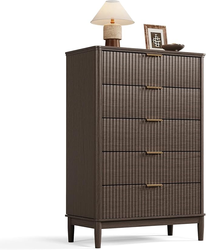 LINSY Fluted Dresser for Bedroom with 5 Drawers, Mid Century Modern Chest of Drawers with Gold Metal Handles, Tall Boho Wood Dressers, Large Farmhouse Storage Cabinet for Bedroom, Living Room, Walnut