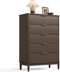 LINSY Fluted Dresser for Bedroom with 5 Drawers, Mid Century Modern Chest of Drawers with Gold Metal Handles, Tall Boho Wood Dressers, Large Farmhouse Storage Cabinet for Bedroom, Living Room, Walnut