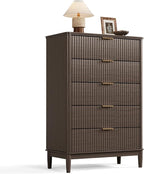 LINSY Fluted Dresser for Bedroom with 5 Drawers, Mid Century Modern Chest of Drawers with Gold Metal Handles, Tall Boho Wood Dressers, Large Farmhouse Storage Cabinet for Bedroom, Living Room, Walnut
