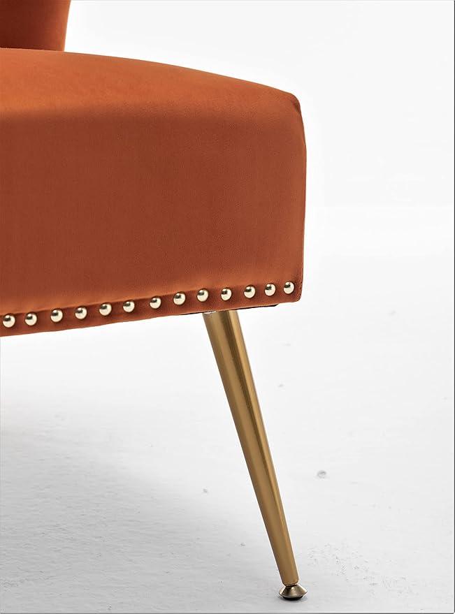 Thia Armless Velvet Accent Chair for Living Room, Elegant Seat with Nailhead Trim, Gold Metal Legs and Comfortable Curved Back, 28" D x 25" W x 29.5" H, Orange Red