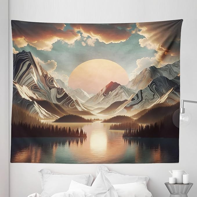 Ambesonne Mountain Tapestry King Size, Sunrise Scenario of Meadows Featuring Groovy Mounts with Lake Clouds, Wall Hanging Bedspread Bed Cover Wall Decor, 104" X 88", Peach Fawn Pale Seafoam