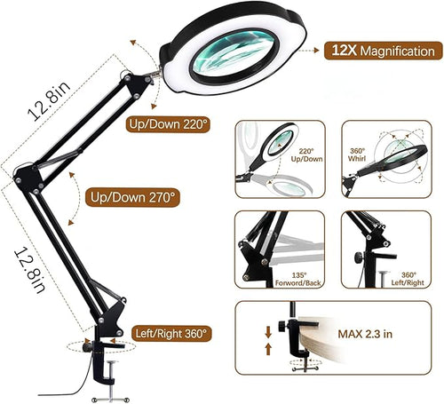 12X Magnifying Glass with Light and Clamp, Magnifier with Light Hands Free,84 LEDs Real Glass Lens Magnifying Lamp for Close Work, Repair, Reading, Craft (Black 2)