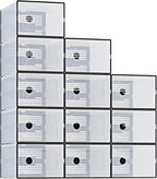 DUMOS Clear Shoe Storage Boxes, 12-Pack Plastic Stackable Shoe Containers with Lids, Display Sneaker Case Organizer for Closet, Under Bed, Entryway,Black (Fit Size 11)