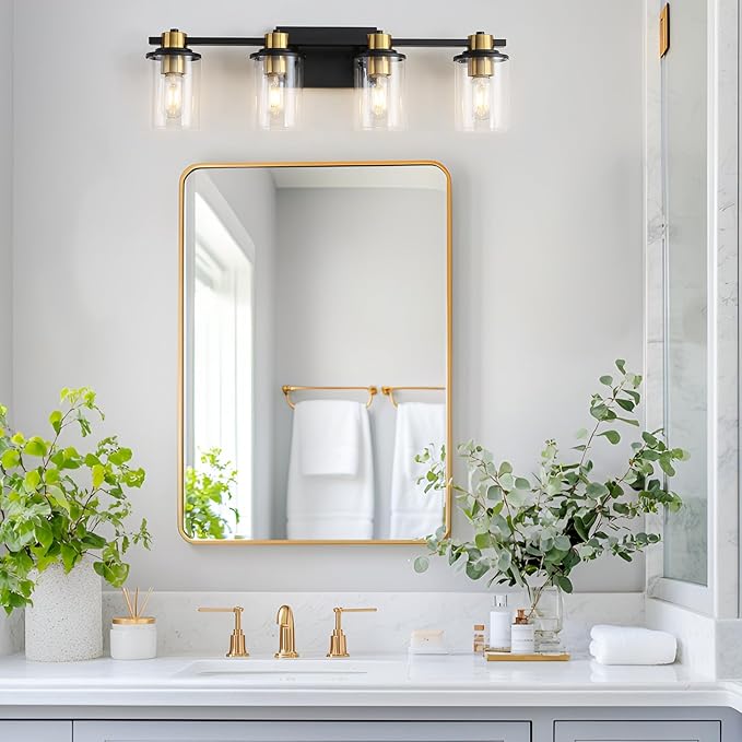 LOUSACE Bathroom Light Fixtures Black and Gold, 4 Light Bathroom Vanity Light, Modern Bathroom Light over Mirror with Clear Glass Shades, Brushed Gold Socket Wall Vanity Lighting Fixtures for Bathroom