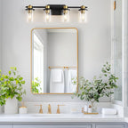LOUSACE Bathroom Light Fixtures Black and Gold, 4 Light Bathroom Vanity Light, Modern Bathroom Light over Mirror with Clear Glass Shades, Brushed Gold Socket Wall Vanity Lighting Fixtures for Bathroom
