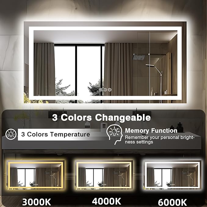 60"x28" LED Bathroom Mirrors for Wall, Front and Backlit Mirror, Anti-Fog Vanity Mirror with Lights, Stepless 3 Colors Dimmable Smart Lighted Mirror(Horizontal/Vertical)