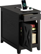 IRONCK End Table with Charging Station, Narrow Side Table for Living Room, Farmhouse Night Stand for Bedroom, Bedside Table with Storage and Drawer for Home, Black