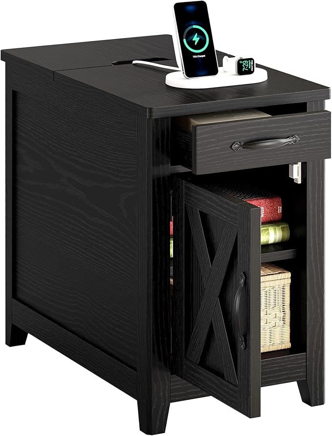 IRONCK End Table with Charging Station, Narrow Side Table for Living Room, Farmhouse Night Stand for Bedroom, Bedside Table with Storage and Drawer for Home, Black