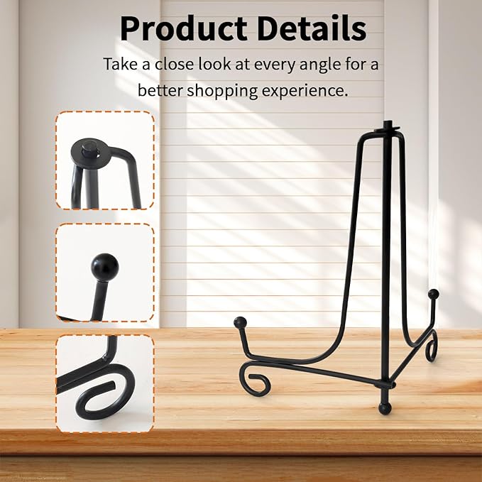 Iron Plate Stands for Display, Foldable Book Holder & Easel Stand for Sign, Versatile Poster Stand and Small Plate Stand for Home Decor, Art, Photo Frame, Card, Crystal Display (Black, 4 inch (4Pcs))