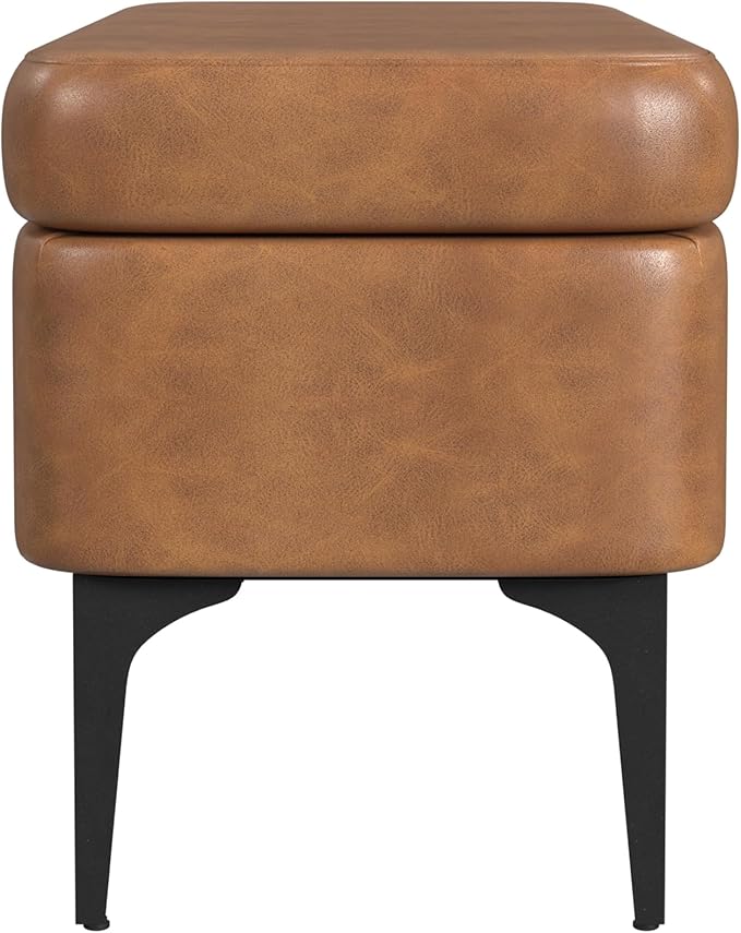 HomePop Upholstered Storage Bench with Metal Leg, 42" W, Carmel Faux Leather