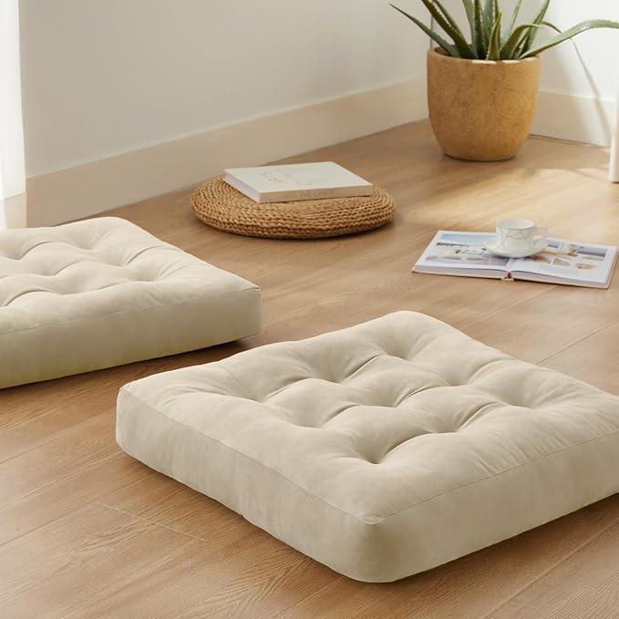 Meditation Floor Pillow Set of 2, Square Large Pillows Seating for Adults, Meditation Cushion Pillow,Tufted Corduroy Cushion for Tatami Living Room or Yoga, Beige, 22x22 Inch