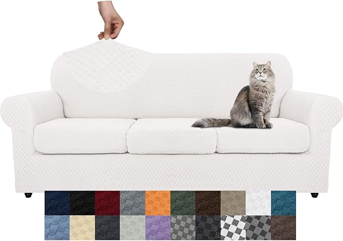 YEMYHOM Latest Checkered 4 Pieces Couch Covers for 3 Cushion Couch Extra Large High Stretch Thickened Sofa Cover for Dogs Anti Slip Furniture Protector Sofa Slipcovers (White), 91"-110"(3 Cushions)